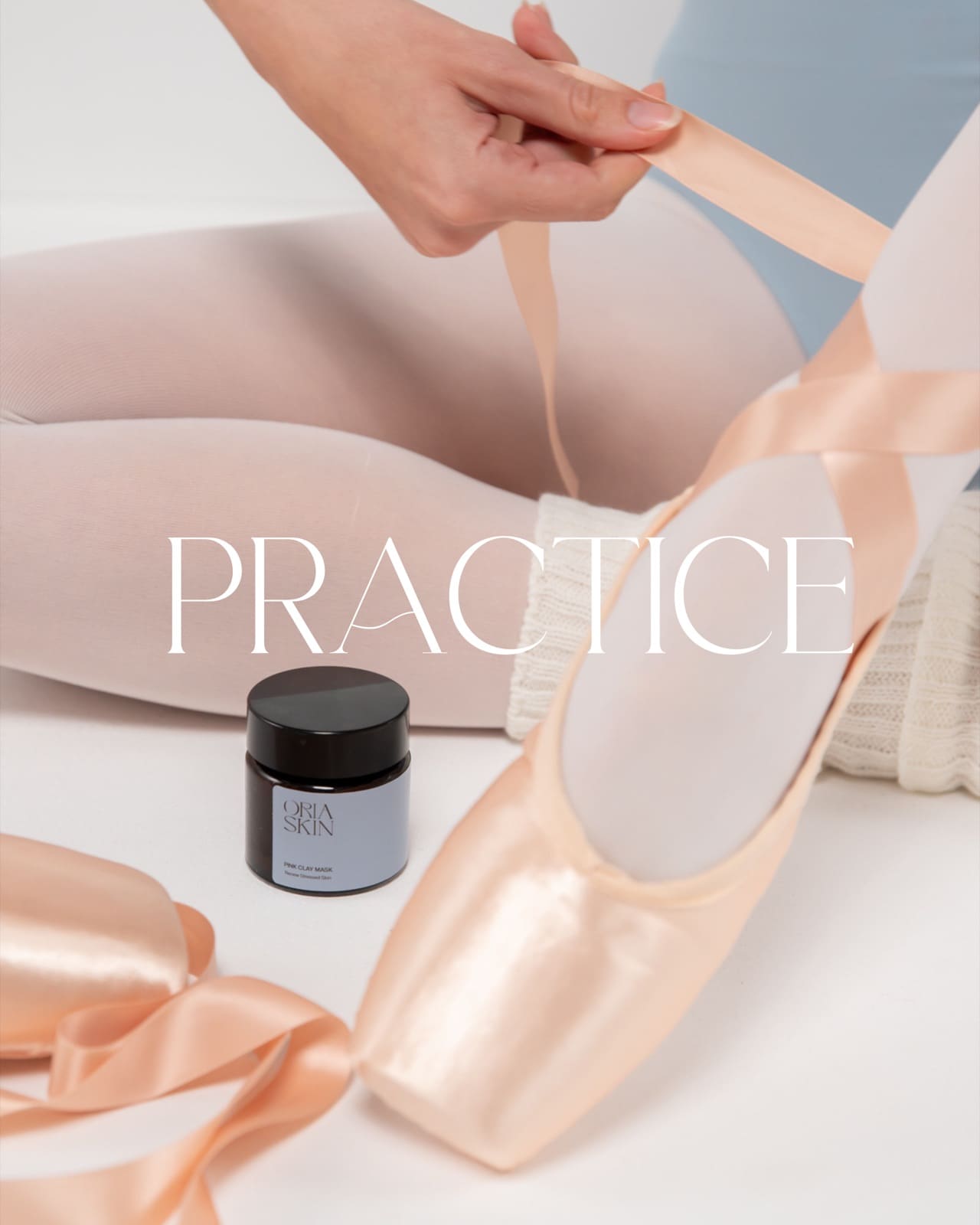 Ballet shoes beside the skincare jar, titled Practice